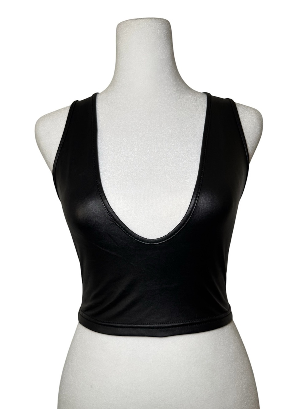 Black Faux Leather Deep V-Neck Cropped Tank Top